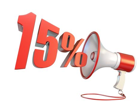 15 percent sign and megaphone 3D rendering illustration isolated on white background