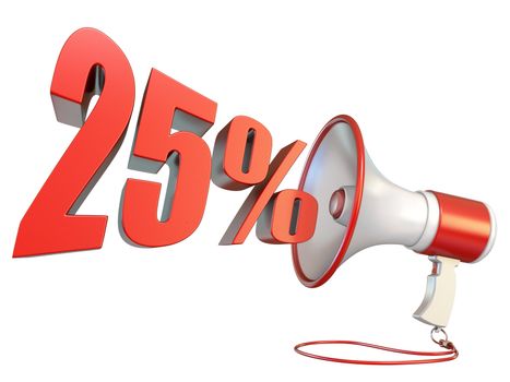 25 percent sign and megaphone 3D rendering illustration isolated on white background