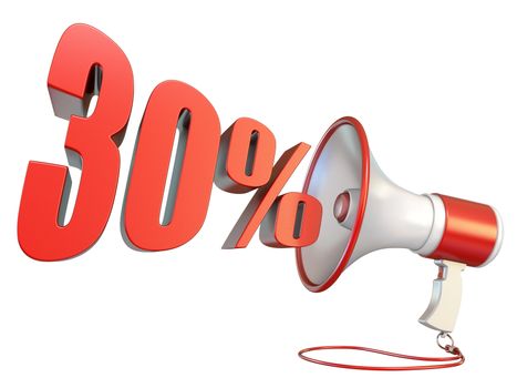 30 percent sign and megaphone 3D rendering illustration isolated on white background