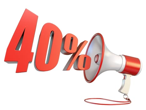 40 percent sign and megaphone 3D rendering illustration isolated on white background