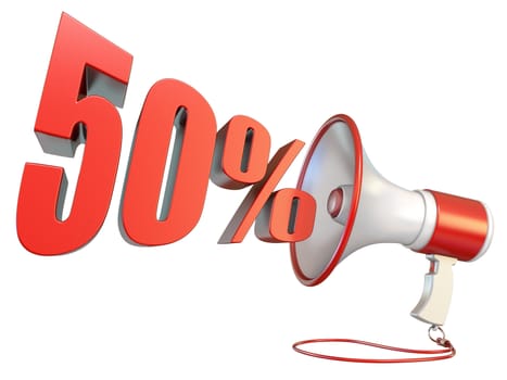 50 percent sign and megaphone 3D rendering illustration isolated on white background