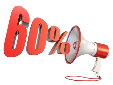 60 percent sign and megaphone 3D rendering illustration isolated on white background