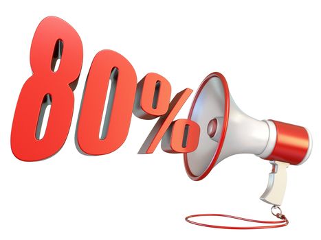 80 percent sign and megaphone 3D rendering illustration isolated on white background