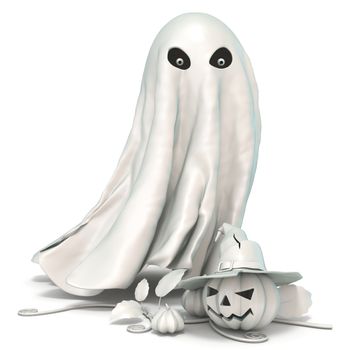 Ghost and Jack o Lantern with witch hat 3D rendering illustration isolated on white background