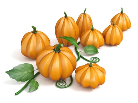 Pumpkins with leaves 3D rendering illustration isolated on white background