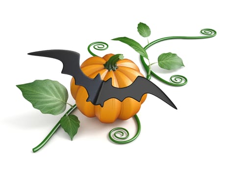 Pumpkin with black paper bat and leaves 3D rendering illustration isolated on white background