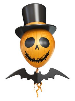 Scary balloon head with hat and bat for Halloween 3D rendering illustration isolated on white background