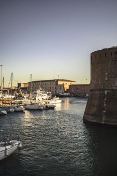 Vertical Panoramic view of the port of Livorno with moored boats