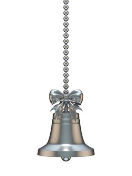 Silver Christmas bell with ribbon bow 3D render illustration isolated on white background