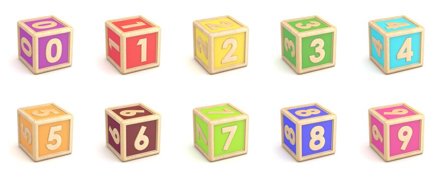 Number collection wooden alphabet blocks font 3D render illustration isolated on white background