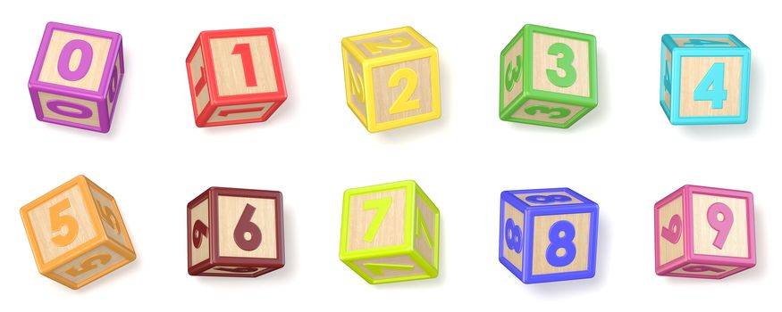 Numbers wooden alphabet blocks font rotated 3D render illustration isolated on white background