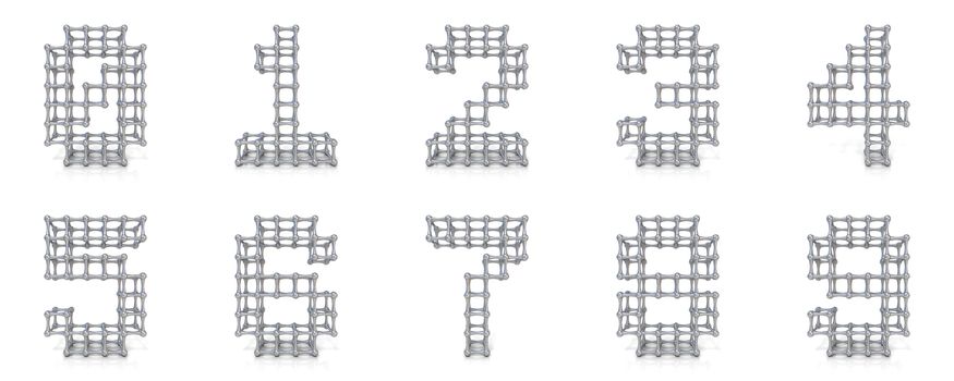 Metal lattice digits collection 3D render illustration isolated on white background