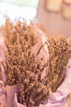 Dried lavender bouquet at local shop in Gainesville, Texas, America. Romantic flower in paper wrapper