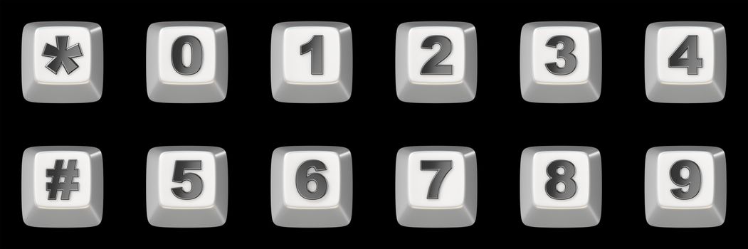 Computer keyboard key NUMBERS 3D render illustration isolated on black background