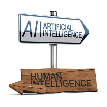 Conceptual 3D illustration of a modern signpost with thefollowing  text AI Artificial Intelligence and an other wooden old sign with the text human intelligence. White background.