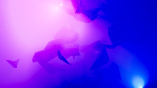 Connected polygonal plexus in a pink-blue background with fog. 3D illustration