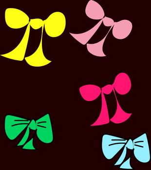 Set of colorful cute knotted bows on isolated black background.