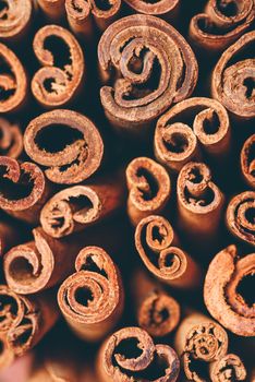 Background of Cinnamon Sticks. View from Above. Vertical Orientation.
