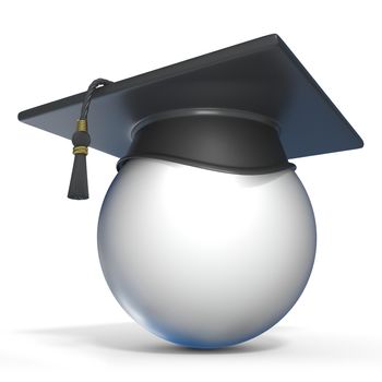 Graduation cap on white sphere 3D render illustration on white background