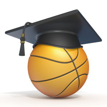 Graduation cap on basketball 3D render illustration on white background