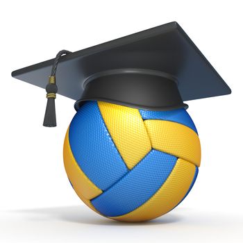 Graduation cap on volleyball 3D render illustration on white background