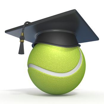 Graduation cap on tennis ball 3D render illustration on white background