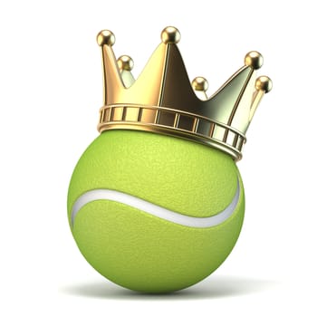 Golden crown on tennis ball 3D render illustration isolated on white background