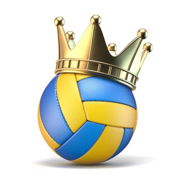 Golden crown on volleyball ball 3D render illustration isolated on white background