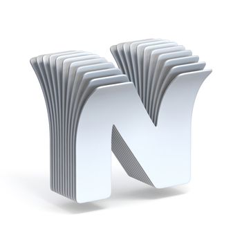 Curved paper sheets Letter N 3D render illustration isolated on white background