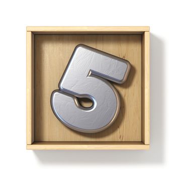 Silver metal number 5 FIVE in wooden box 3D render illustration isolated on white background