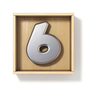 Silver metal number 6 SIX in wooden box 3D render illustration isolated on white background