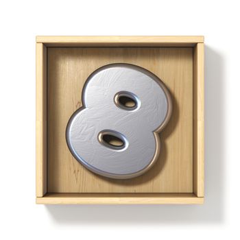 Silver metal number 8 EIGHT in wooden box 3D render illustration isolated on white background