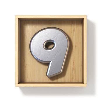 Silver metal number 9 NINE in wooden box 3D render illustration isolated on white background