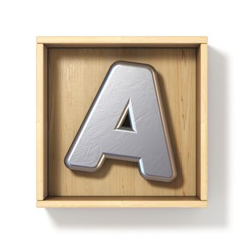 Silver metal letter A in wooden box 3D render illustration isolated on white background