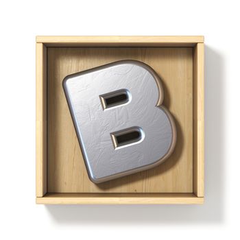 Silver metal letter B in wooden box 3D render illustration isolated on white background