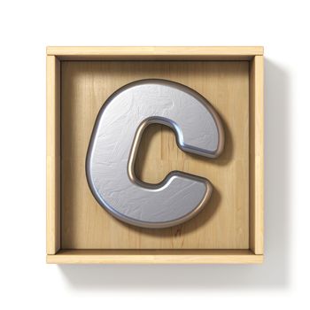 Silver metal letter C in wooden box 3D render illustration isolated on white background
