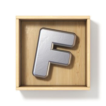 Silver metal letter F in wooden box 3D render illustration isolated on white background