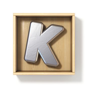 Silver metal letter K in wooden box 3D render illustration isolated on white background