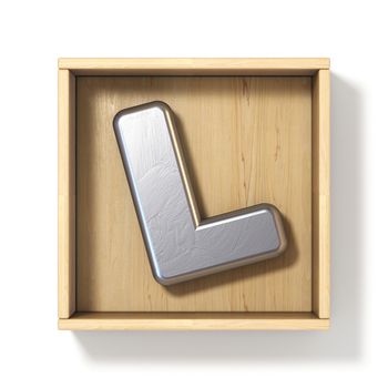 Silver metal letter L in wooden box 3D render illustration isolated on white background