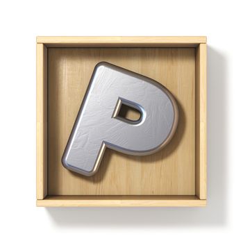 Silver metal letter P in wooden box 3D render illustration isolated on white background
