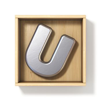 Silver metal letter U in wooden box 3D render illustration isolated on white background