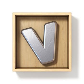 Silver metal letter V in wooden box 3D render illustration isolated on white background