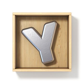 Silver metal letter Y in wooden box 3D render illustration isolated on white background