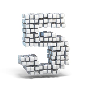 White voxel cubes font Number 5 FIVE 3D render illustration isolated on white background