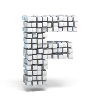 White voxel cubes font Letter F 3D render illustration isolated on white background
