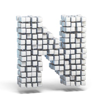 White voxel cubes font Letter N 3D render illustration isolated on white background
