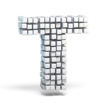 White voxel cubes font Letter T 3D render illustration isolated on white background