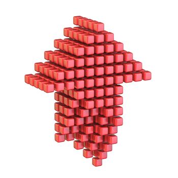 Upload arrow made of red cubes 3D render illustration isolated on white background