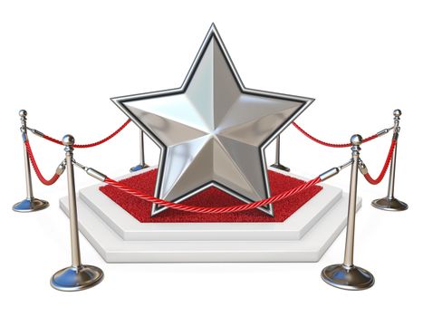 Silver star on podium with red carpet 3D render illustration isolated on white background