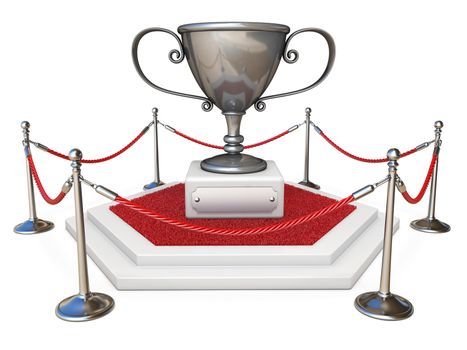 Silver trophy cup on podium with red carpet 3D render illustration isolated on white background